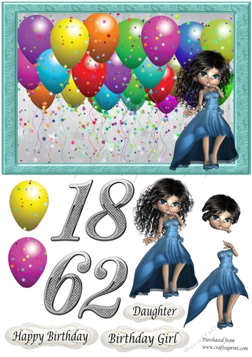 Balloons & Girl in blue party dress, ages 16, 18, 21