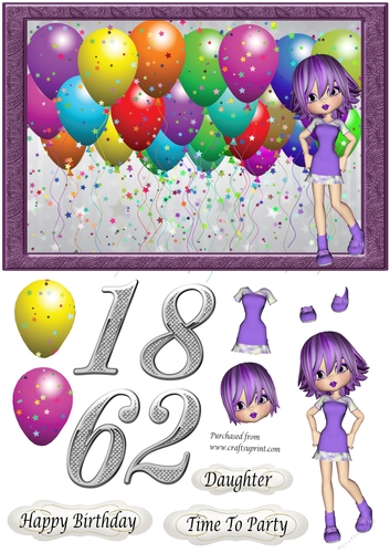 Balloons & Girl in purple dress, ages 16, 18, 21