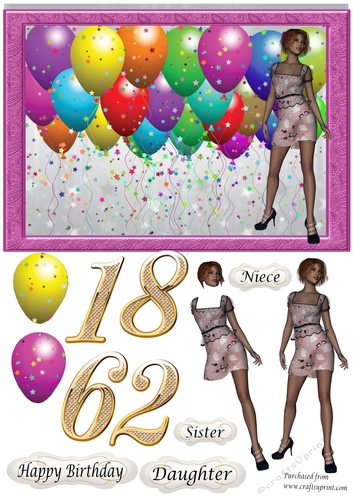 Balloons &Party Girl in Pink, ages 16, 18, 21