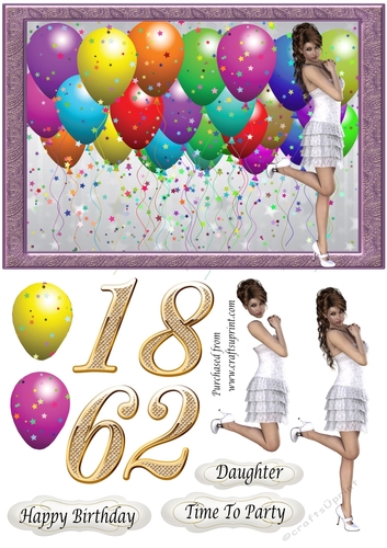 Balloons & Party Girl in White Dress ages 16, 18, 21
