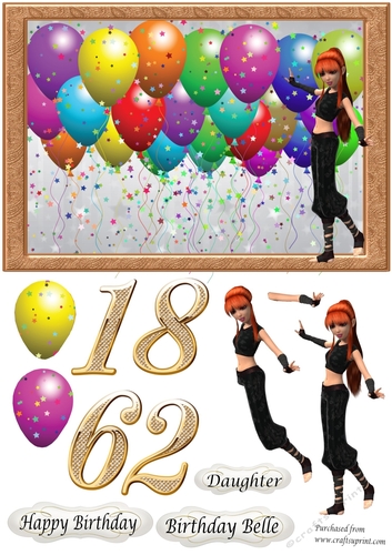 Balloons & Red Head girl in black outfit ages 16, 18, 21