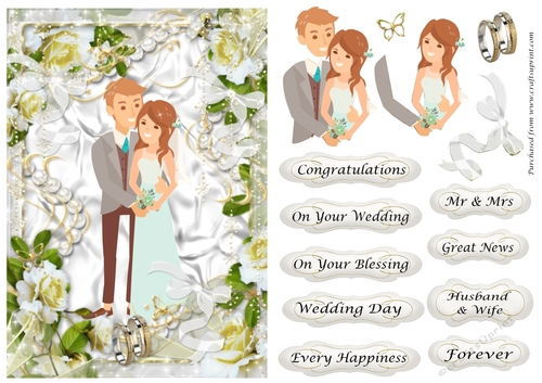 Wedding Couple 1 in white roses. ribbons & pearls frame