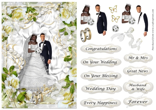 Wedding Couple 2 in white roses. ribbons & pearls frame