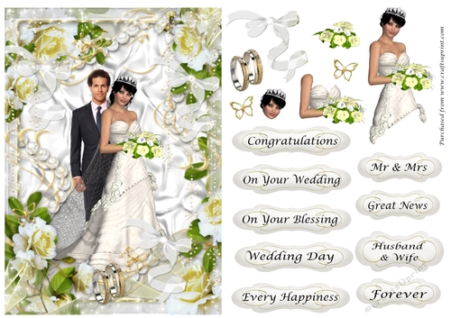 Wedding Couple 3 in white roses. ribbons & pearls frame