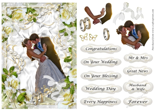 Wedding Couple 4 in white roses. ribbons & pearls frame