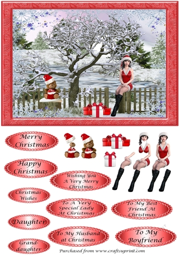 Winter scene with girl in Santa dress