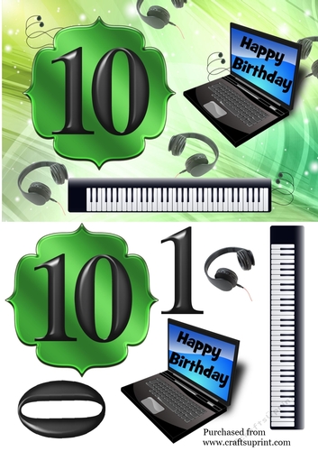 Age 10 card with keyboard, headphones, laptop - green