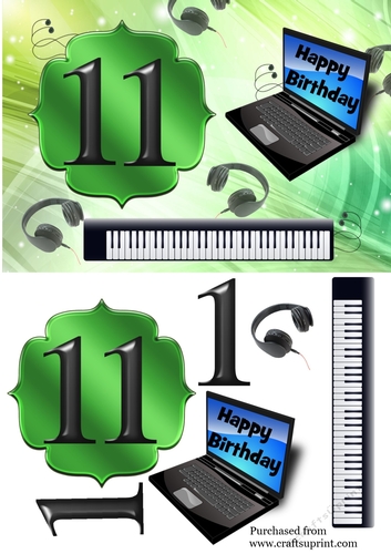 Age 11 card with keyboard, headphones, laptop - green