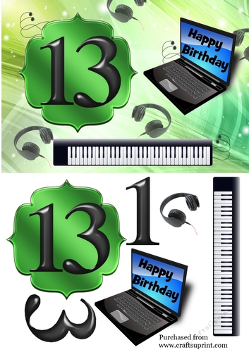 Age 13 card with keyboard, headphones, laptop - green
