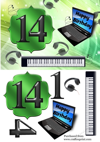 Age 14 card with keyboard, headphones, laptop - green