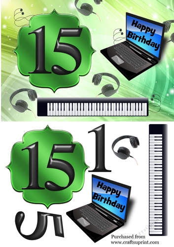 Age 15 card with keyboard, headphones, laptop - green