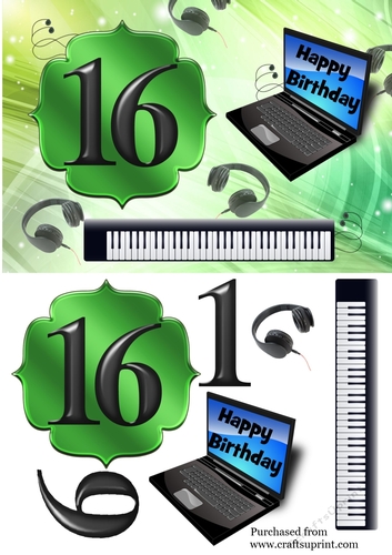 Age 16 card with keyboard, headphones, laptop - green