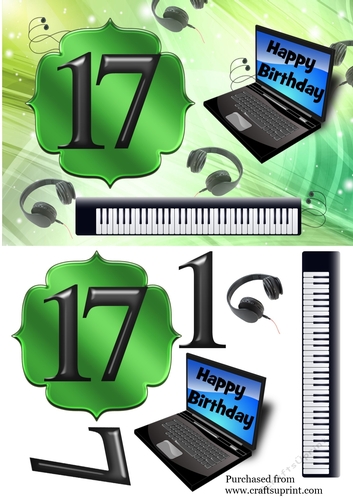 Age 17 card with keyboard, headphones, laptop - green