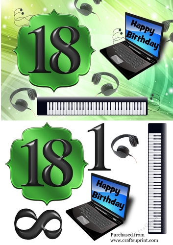Age 18 card with keyboard, headphones, laptop - green