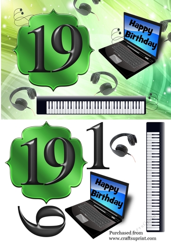 Age 19 card with keyboard, headphones, laptop - green