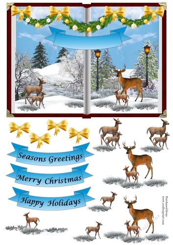 Christmas Open Book Scene 3 Deer and Garland