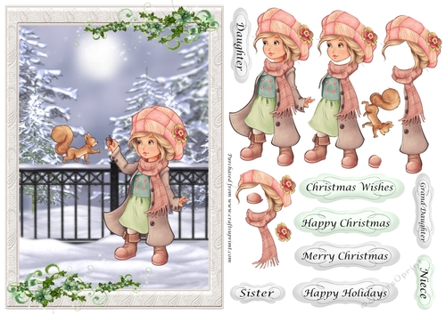 Winter girl & Squirrel in the snow