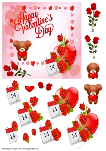 Happy Valentines Day Teddies, Hearts & Roses