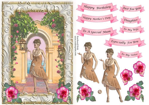 Flapper girl in floral frame - various family sentiments