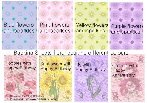 Floral 8 backing sheets 4 with script various colours and flowers