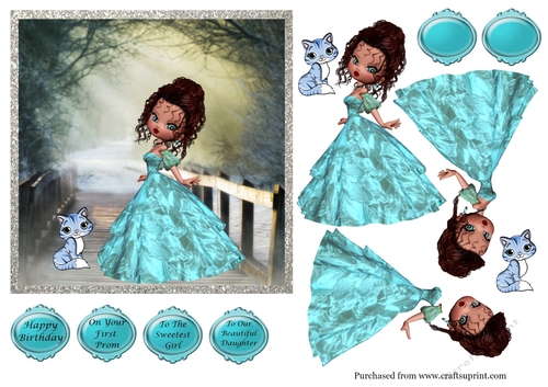 Girl in blue ball gown on bridge and her cat