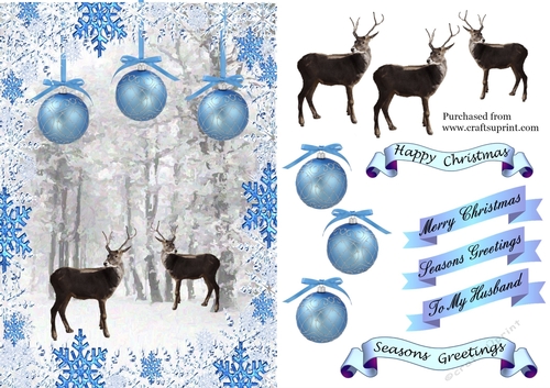 Snow covered trees with deer in snowflake frame with baubles