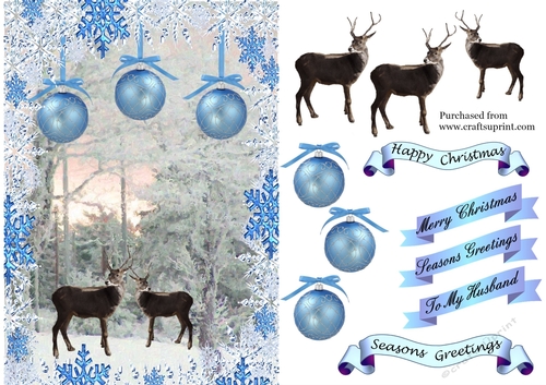 Snow covered trees with deer in snowflake frame with baubles 3
