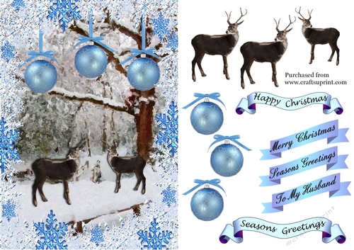 Snow covered trees with deer in snowflake frame with baubles 4