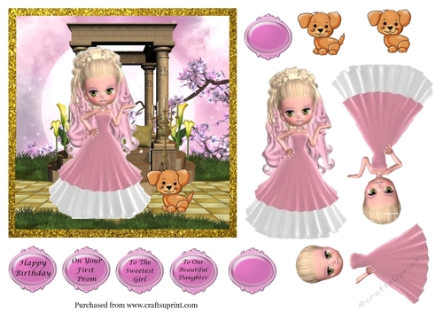 Girl in pink and white dress by stone archway in moonlight with puppy