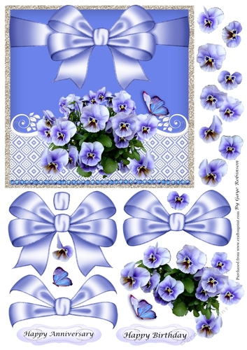 Pansies & blue bow square card