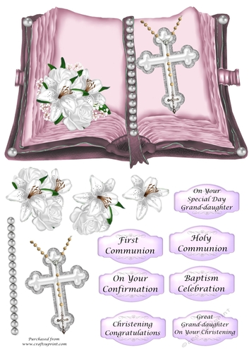 Open book in pink with white flowers - Christening