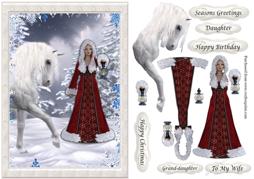 Winter birthday or Christmas - White horse, Lady with lamp
