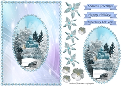 Winter house scene in pearl frame with flowers