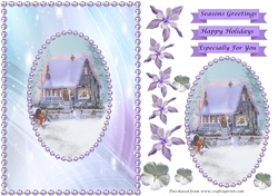 Winter cottage with lilac flowers and lilac pearls 