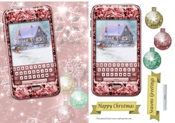 Red phone with winter cottage, snow and bauble background