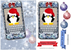 Blue phone with penguin and bow, snowflakes and baubles background