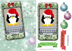 Green phone with penguin and bow, snowflakes and baubles background