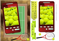 Tennis phone screen, racket and court