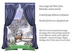 Winter cottage and Fawn behind blue curtains mini kit 3 sheets