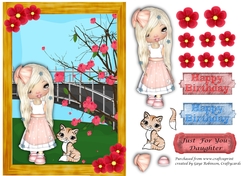 Little Girl with kitten in garden with bridge and tree