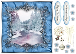 Winter scene in blue material frame with embellishments