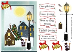 Winter houses, Christmas tree in frame with lamp post