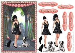 Girl in black dress with cat & dalmatian in pearl frame decoupage