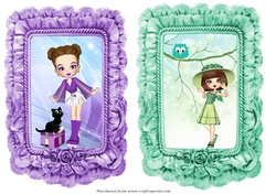 2 FrillyToppers one Purple, one Turquoise both with a cute girl on matching background