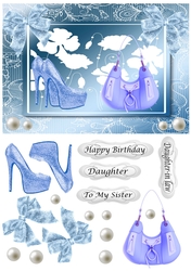 Pale blue bag and glitter shoes with lace frame and glitter bows