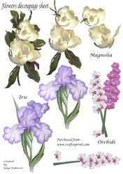 Flowers decoupage sheet Magnolia, Orchids & Iris