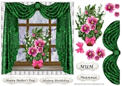 Mothers Day Flowers on windowsill 7x7 Green Curtains 