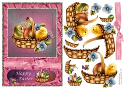 Easter basket with chick, eggs and flowers