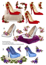 Red, White & Blue shoes on cushions with flowers decoupage sheet