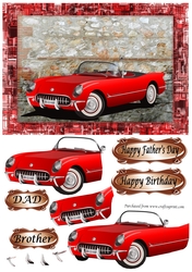Red Open Top Sports car decoupage Fathers Day or Birthday